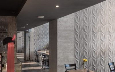 Architectural concrete decorates the interior of a well-known restaurant.